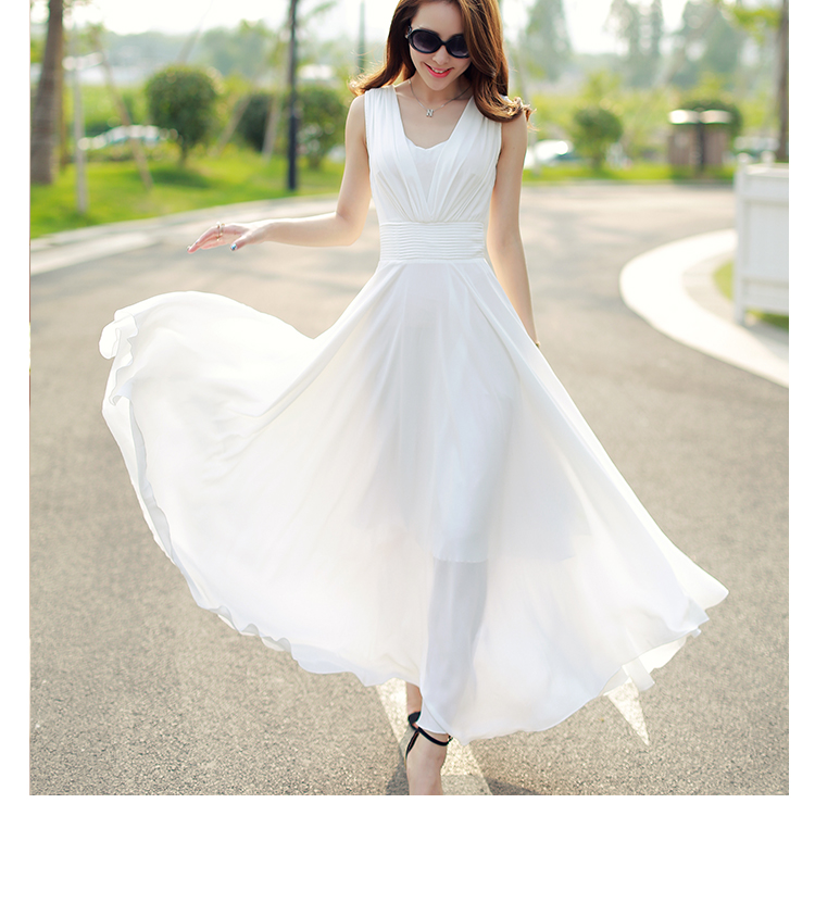 2015 Summer Plus size Woman Casual Chiffon Long dress Solid sleeveless V-Neck Floor length White Color S~XXL Women clothing -4