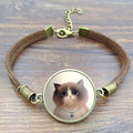 5 Style Cute Cat Glass Cabochon Art Picture Bracelets Bangles Vintage Brown Rope Charm Bracelets for