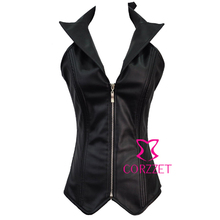 Women Black Faux Leather Zipper Front Lace Up Back Halter Neck Overbust Gothic Bustiers & Corsets Waist Body Shaper With Collar