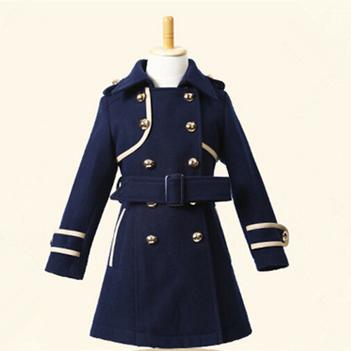 New2015 British Style Girls Winter Coat Sashes Kids Girls Clothes Button Fashino Slim Manteau Fille Enfant Long Thick Wool Coats (2)