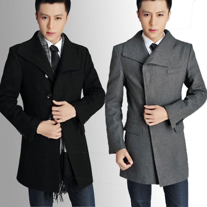 Black grey korean casual single-breasted wool coats mens pea coat slim fit male medium-long outerwear imported clothing M - 3XL
