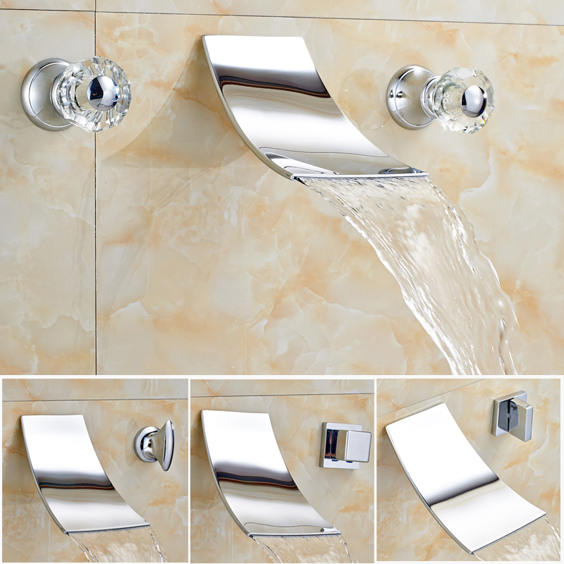 Фотография Wholesale and Retail Bathroom Wall Mount Basin Faucet Dual Handle Chrome Waterfall Basin Sink Mixer Taps