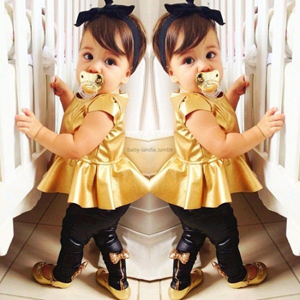 Fashion Baby Girls Children Kids 2pcs Gold Dress Tops + Legging Pants Sets Outfits Suit 2PCS Free shipping