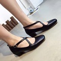 2016 Fashion Genuine Leather Cross Strap Office Shoes Balck Beige Thick High Heel 4cm Designer Women