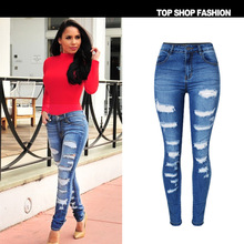 Plus size 44-46 Ladies High Waist jeans woman Elastic Denim Pants Cut Knee Hole female skinny Pencil Pants
