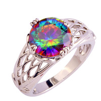 Wholesale Splendide Round Cut Rainbow Mystic Sapphire 925 Silver Women Ring Fashion Jewelry Size 6 7 8 9 10 11 12