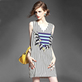 Women Summer dress 2016 European Style Print Panda embroidered patch stripe sleeveless dress fashion Vestidos