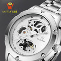 New OUYAWEI Men s Watch Silver Skeleton Analog Men Mechanical Automatic Wrist Steel Band Watch Waterproof