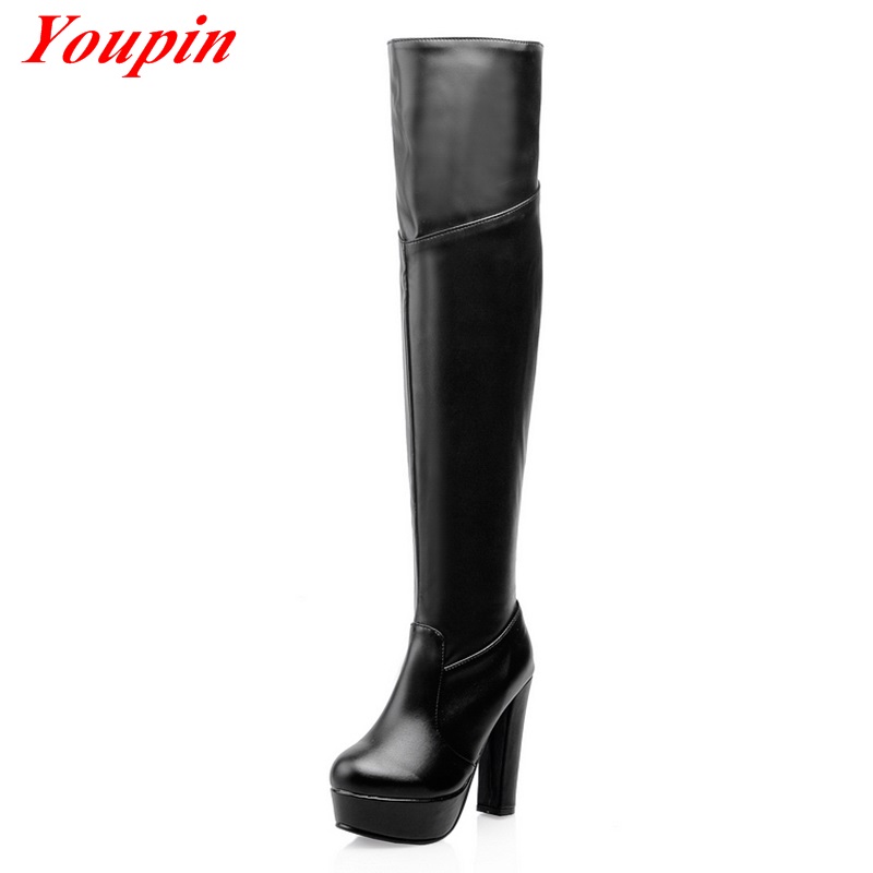 Thick With Knee Boots 2015 latest Large Size High Boots Winter Short Plush Woman Shoe Black Brown Zip Thick With Knee Boots