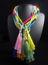 N2015122501 Ethnic Bohemian Necklace for Women Vintage Pendant Jewelry 2016 wholesale Wood Indain Beaded Fringe Long Necklace