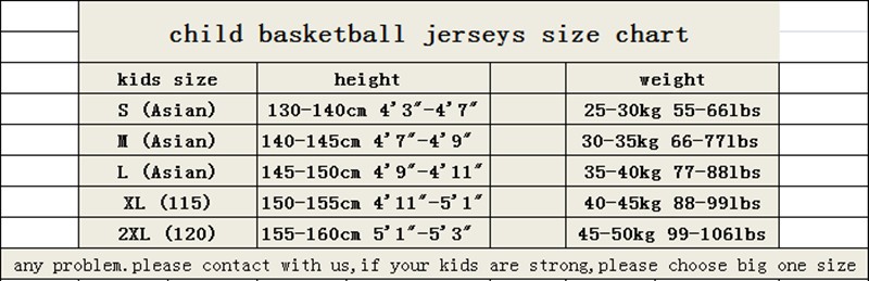 Basketball Jersey Number Size Chart