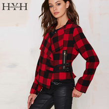 HYH HAOYIHUI Fashion Winter Red Plaid Jackets For Women Long Sleeves Street Outerwear 2016 Y5130674