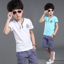 casual 100% cotton 2016 boys summer clothes sports suit kids short sets short plaid children clothing vetement enfant