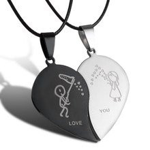 2015 New Charm Jewelry Couple Heart choker Necklaces Black Cord Necklace Stainless Steel Engrave Love You Pendants Necklace