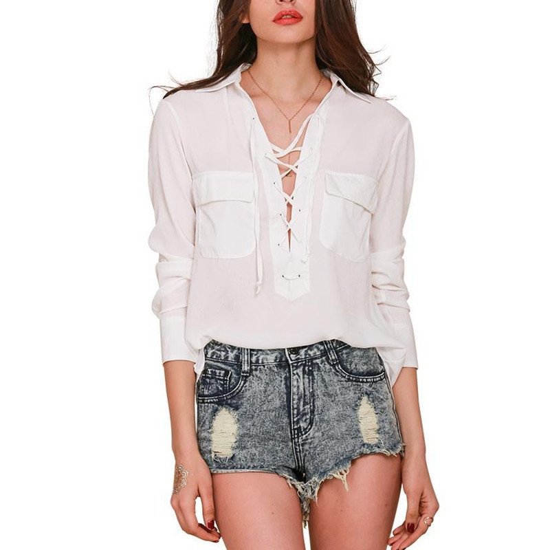 ZANZEA 2018 Women Chiffon Blouse Summer Blusa Turn Down Collar Sexy Deep V Front Lace Up Long Sleeve Shirt Casual Tops Plus Size aeProduct.getSubject()
