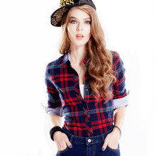 Casual Cotton Plaid Blouses Shirts Women Slim Outwear Long sleeve Flannel Tartan Shirts 2016 Autumn Plus size 3XL