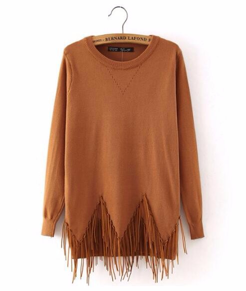 2015 Korean stylish women\'s new autumn winter women long-sleeved o-neck solid color irregular hem fringed sweater tessel free shipping (1)