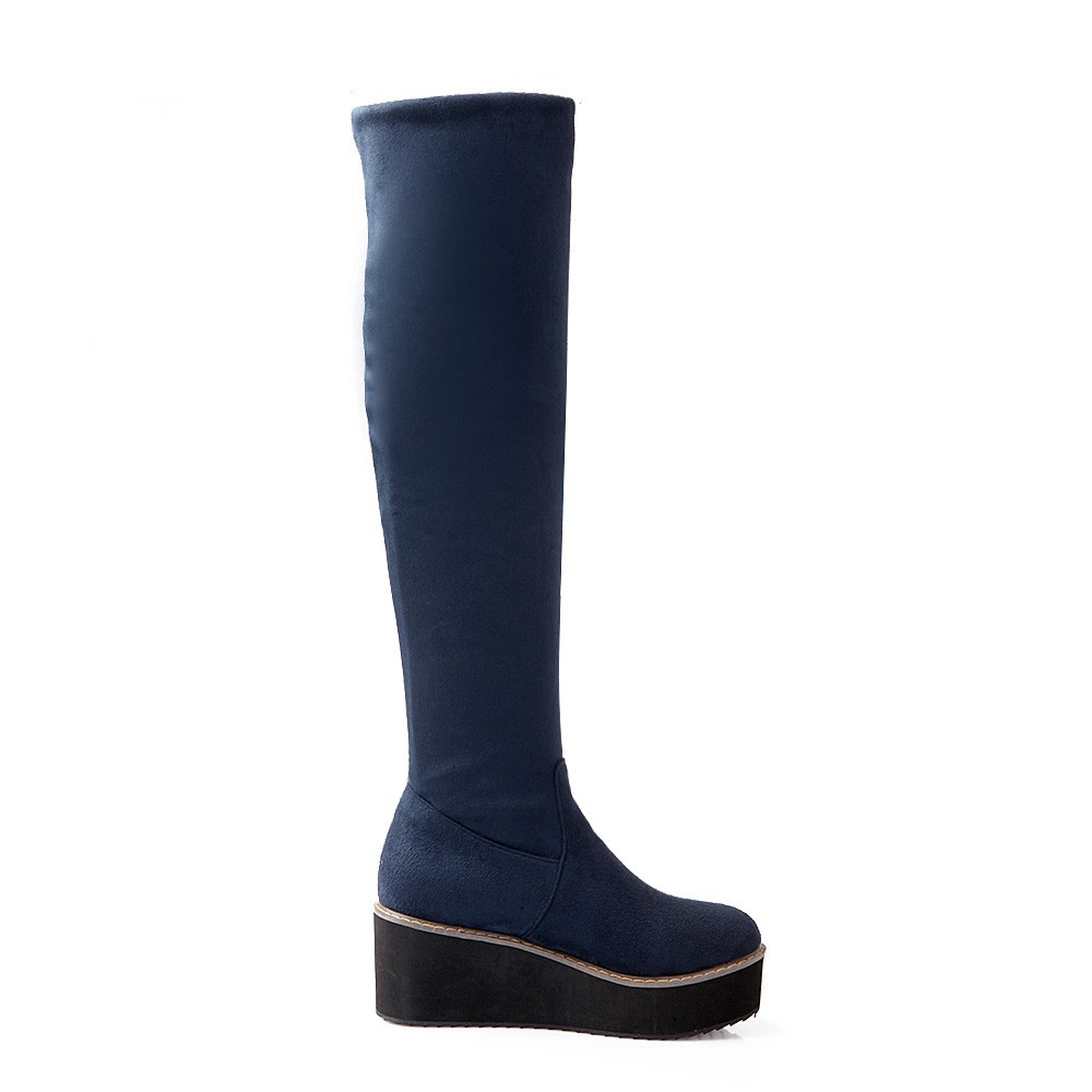 Stretch Nubuck&PU Black Red Blue Wedge Platform Women Thigh High