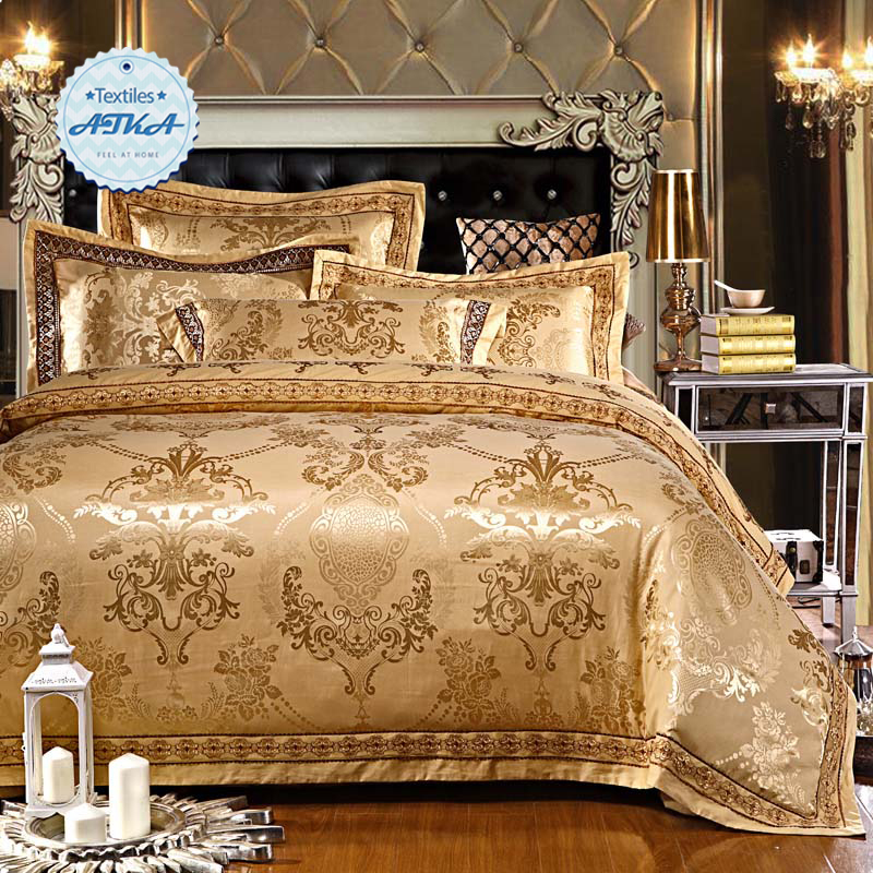 Silk satin jacquard&100% cotton luxury bedding sets 4pcs/6pcs queen king bedlinen duvet cover gold white purple noble blue #2