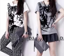 Summer style Short-sleeve T-shirt 2015 female summer fashion cat loose short design female basic top Fashion sexy