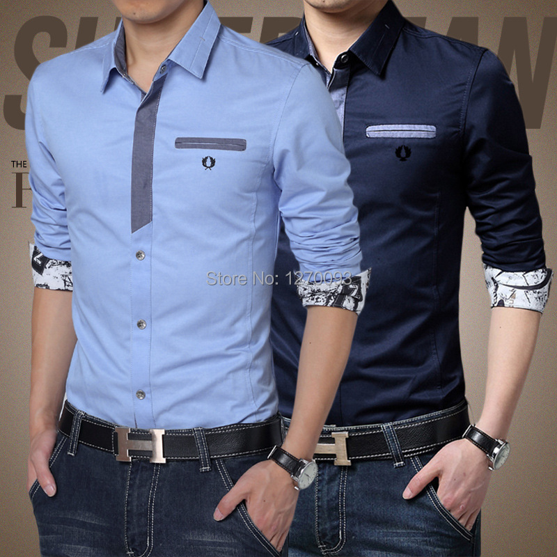 Plus Size M XXXL New 2015 Spring Brand Casual Men Shirt Long Sleeve Slim Fit Denim