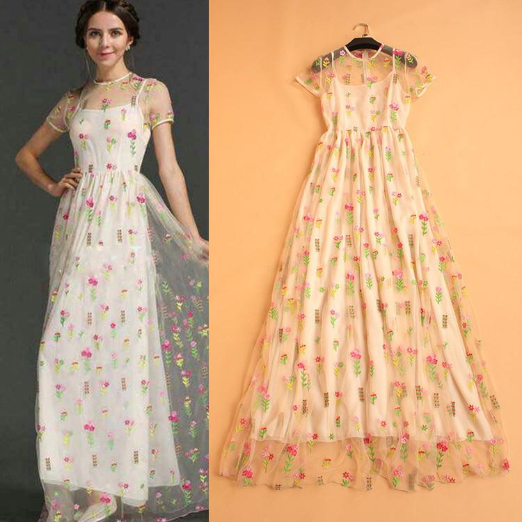 2015 Summer Fashion Women's Elegant Fairy Slim Gauze Patchwork Short Sleeve Floor-Length Beige Embroidery Long Dress