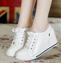 Hot-Selling !Black+White Women Genuine Leather Shoes Woman Fashion Hidden Wedge Heel Lace Up Casual Shoes Size32-40