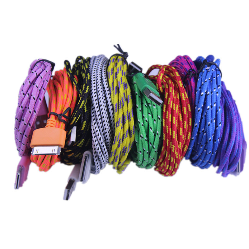 200pcs/lot Colorful  Fabric Braid Wire USB Data Sync Cable 2M 6ft Nylon Cord Cable for iphone 4 4s for ipod player