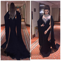 Elegant High Neck Rhinestones Evening Dresses Mermaid Black Arabic Capped Muslim Dubai Prom Party Gowns Beaded