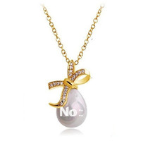 Rhodium Silver Pear Shaped Drop Bow Pendant Crystal Diamante Necklace Jewlery