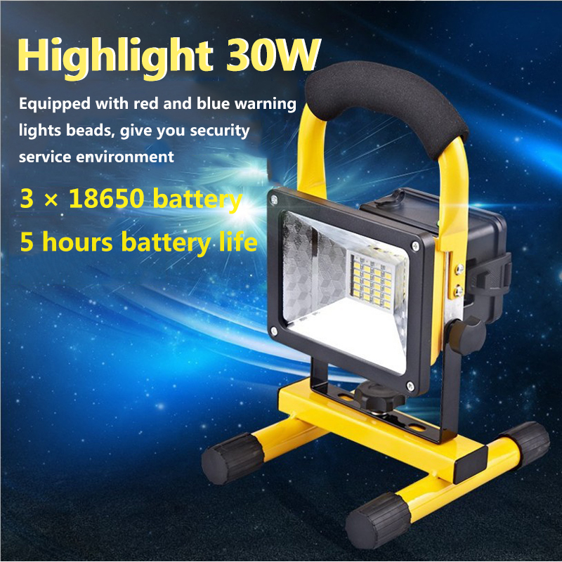30W LED super bright camping light 3 X 18650 battery 5 hours battery life 360 degree rotation Red and blue warning flash light