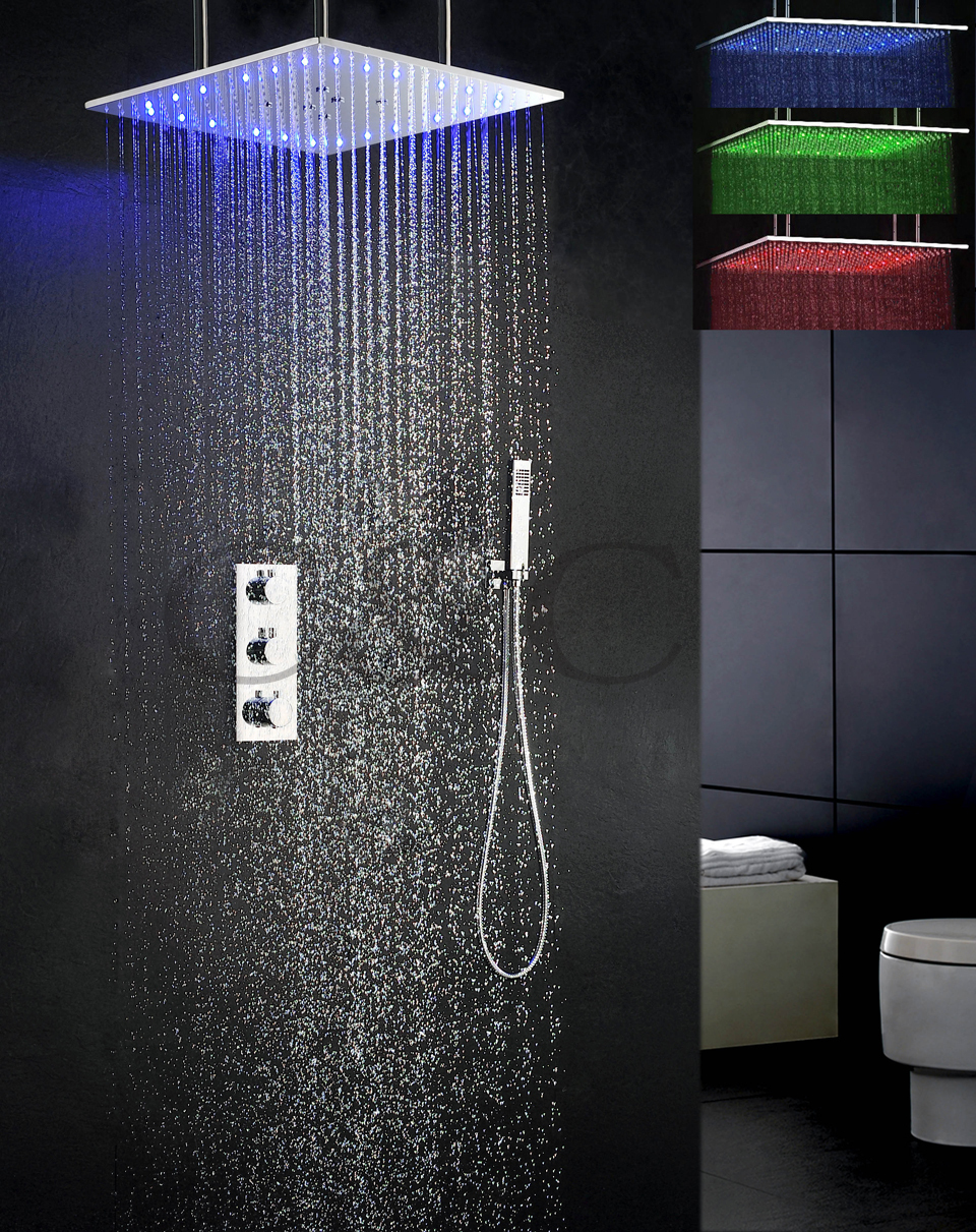 20 Inch Swash And Rainfall Bathroom Shower Head Thermostatic 3 Colors Temperature Sensitive LED Shower Faucet