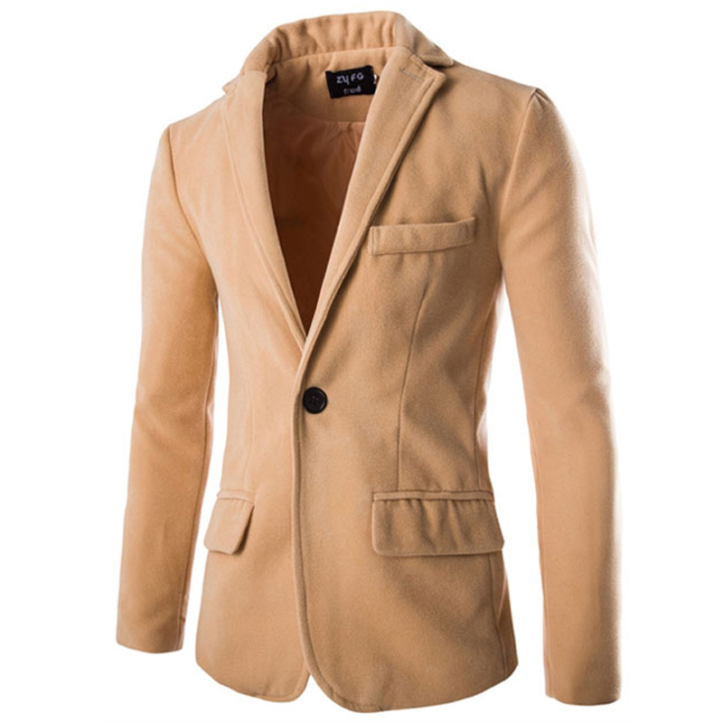Мужчины одна кнопка шерстяное пальто зима пиджак для мужчин сплошной цвет slim-подходят blazer куртка поддельные карманы зима впадины шинель mwx224