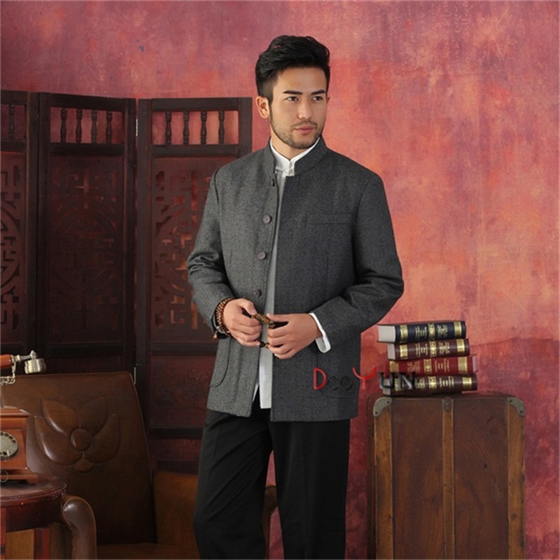 Spring Autumn Black Gray Chinese Traditional Men's Jacket Striped Wool Coat Middle-aged Chinese tunic suit S M L XL XXL XXXL