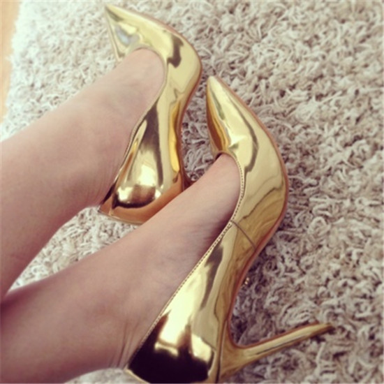 New Arrival Gold High Heels Wedding Shoes Woman Metal Gold Patent