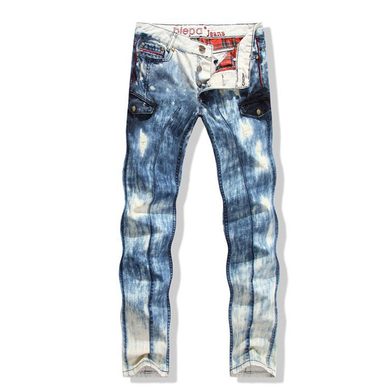 2015 Hot sale Men's Jeans Snowflake wash Fashion Men Patch Pocket Straight Jeans Long Pants Male Nightclub Jeans Slim Trousers