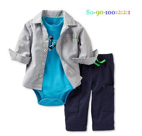 2014 New autumn baby boy suit cotton blue romper + long sleeve shirt + pants 3pcs set kids suit boys clothing set 5set/lot