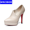 2017 Brand High quality Women Genuine leather Pointed Toe Platform Sexy Thin Heels Pumps ladies Red