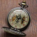 Steampunk Bronze Copper Mechanical Pocket Watch Skeleton Chain Roman Numbers Vintage Pendant Watches with 30cm Chain