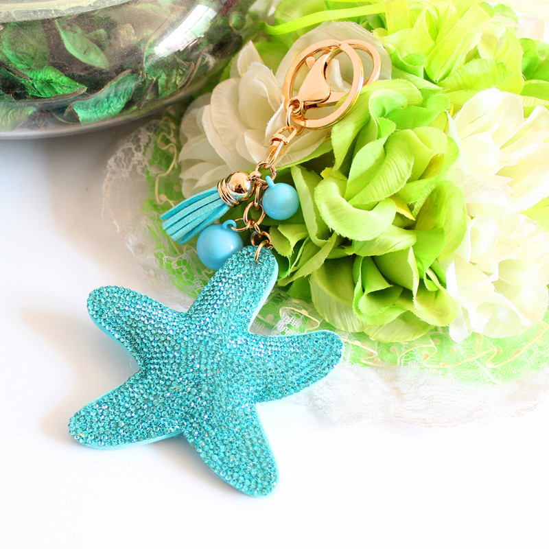 2015 Fashion Charm Rhinestone leather Starfish Tassel Pendant keychain alloy bag Key ring Holder for Women Gift Souvenir Jewelry