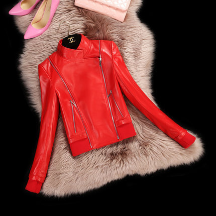 Motorcycle leather jacket women 2015 Spring  Autumn Winter Full Streetwear Regular Mandarin Collar Thin sheep leather DFF165