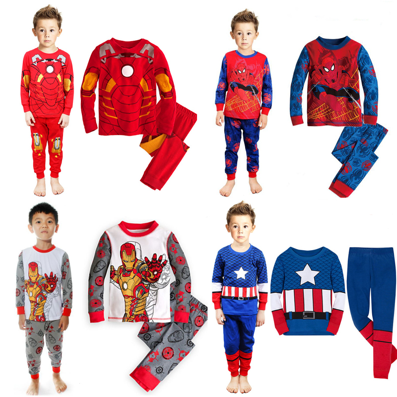 Kids Boys Pajamas Sleepwear Clothes Sets Long Sleeve Cotton Super Heros Ironman Batman Spiderman Captain America