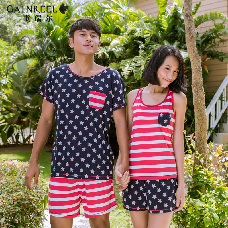 Song Riel fashion stars printing stripe pajamas men and women couple home service suit Waichuan casual