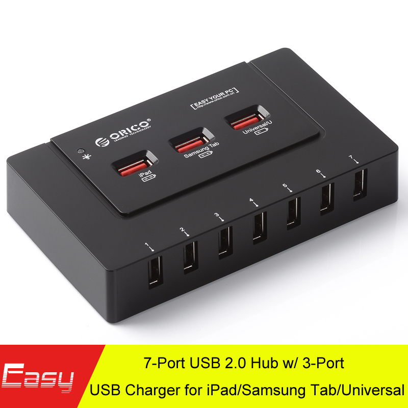 ORICO HF7U-3P 7-Port USB2.0 HUB with 3x Charger and 12V 2.5A Power Adapter and USB 2.0 Cord for iPad/SamSung Tab/iPhone