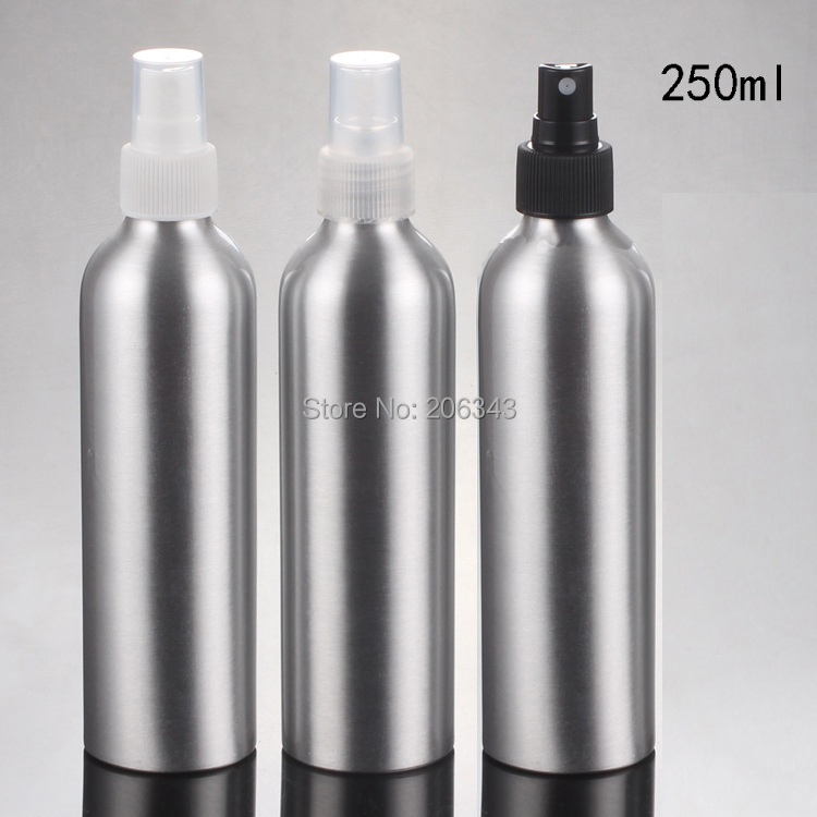 250ml Aluminium bottle metal bottle with white/transparent/black mist sprayer pump   sprayer bottle