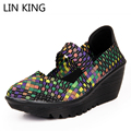LIN KING New Boho Style Women Swing Shoes Handmade Weave Wedge Heels Shallow Mouth Slimming Shoes