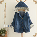 Women Clothing Women Coat Long Sleeve Hooded Floral Print Denim Jacket Pocket Single Breasted Flower Mori