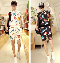 New Men’s Funny Multi Color Birds Print Slim Fit Crewneck Short Sleeve T Shirt Shorts Set