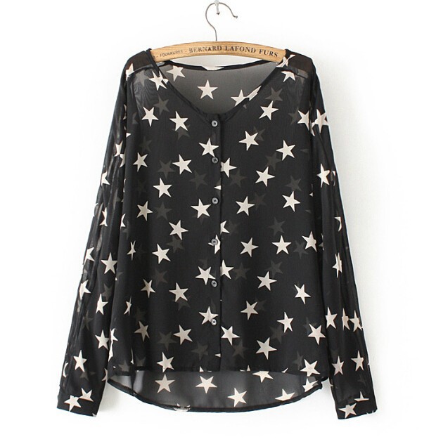 2015 summer women\'s o-neck T-shirt covered in new five-pointed star printed blouse free shipping perspective (3)