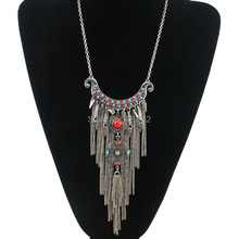 Bohemian vintage silver moon beads big flower pendant necklace long chain fringe necklace ethnic female tribal
